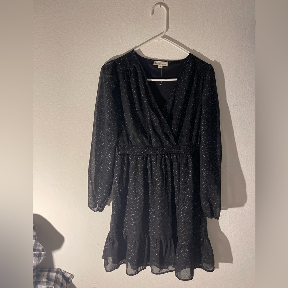 Indigo Road, Blk Dress long sleeve black & silver mini crystal beads.